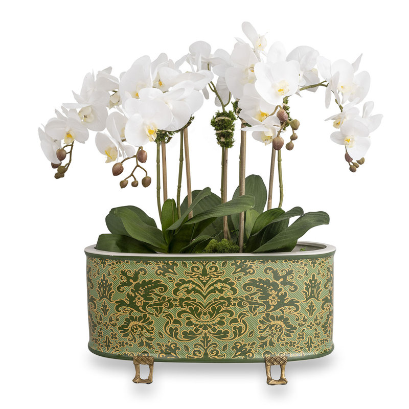 Richmond Damask Oval Planter, 8.5" H x 18" W x 8" D, Green