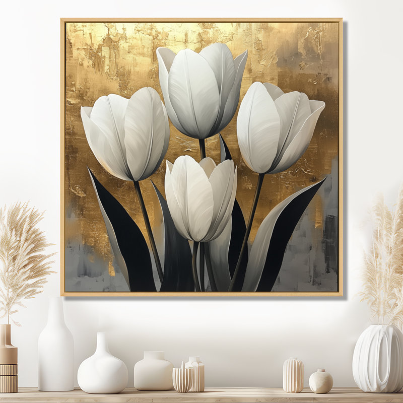Forme géométrique des tulipes dorées pures - art mural Tulipes, Impression encadrée flottante, Crème, crème