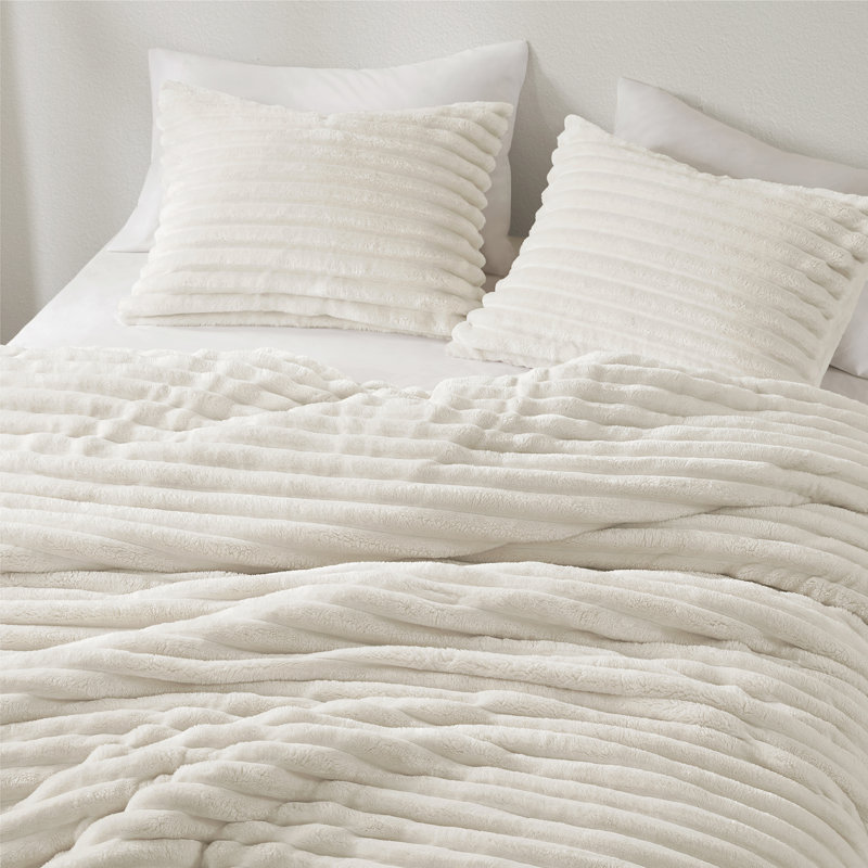Avril Fluffy Ribbed Plush Comforter Set, King Comforter + 2 King Shams, Ivory