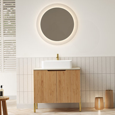 Meuble-lavabo de salle de bain 30 po avec lavabo, armoire de rangement autoportante en contreplaqué avec 2 portes, lavabo rectangulaire en céramique blanche et comptoir en pierre frittée à motif de travertin Roma, couleur grain de bois