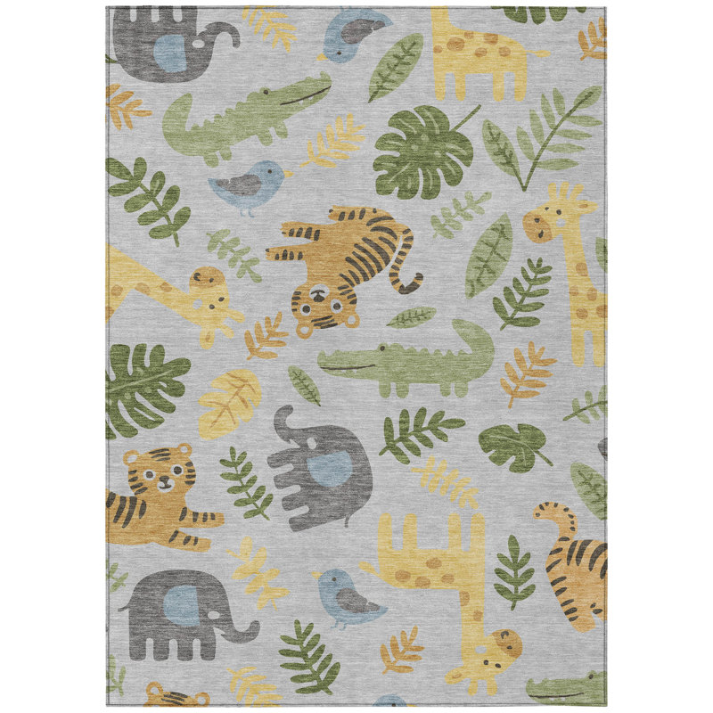 Machine Washable Indoor/Outdoor Chantille ACN2578 Kids Rug, Silver, 5' x 7'6"