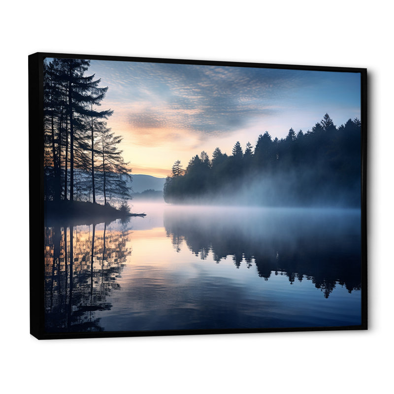 «Morning Mist Sunrise by the Lakeside», reproduction sur toile, H 16 po x l 32 po x P 1 po, Cadre flottant noir