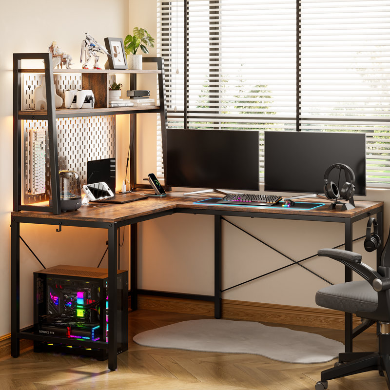  Bureau de coin en L 50,1 po avec prise de courant et lumières à DEL, Brun