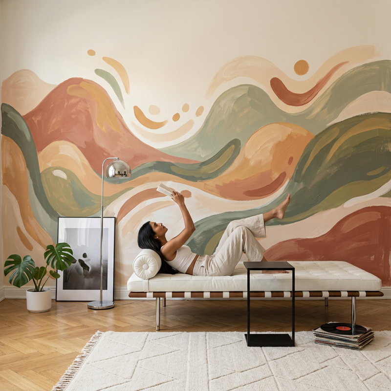 Papier peint paysage abstrait Rolling Hills Earth Tones, 100 po x 96 po, Non tissé