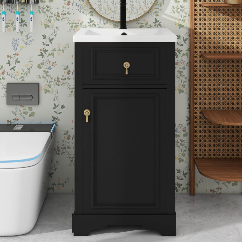Meuble-lavabo de 20 po avec lavabo en céramique, porte à fermeture douce, tablette réglable et support de rangement fixé à la porte
