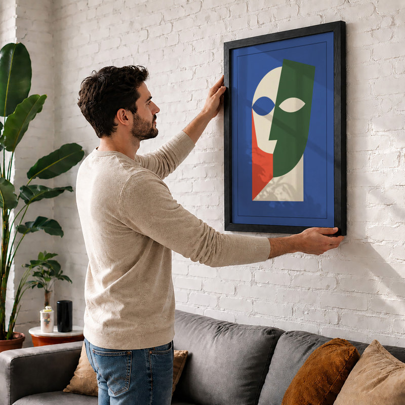 Divided Face Geometric - Framed Print, A2 - 59.4 x 42.0 cm, Black
