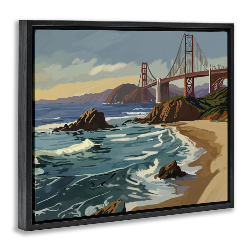 Toile flottante encadrée de San Francisco, conception par Amelia Noyes, 17" H x 21" W, Cadre flottant noir de jais