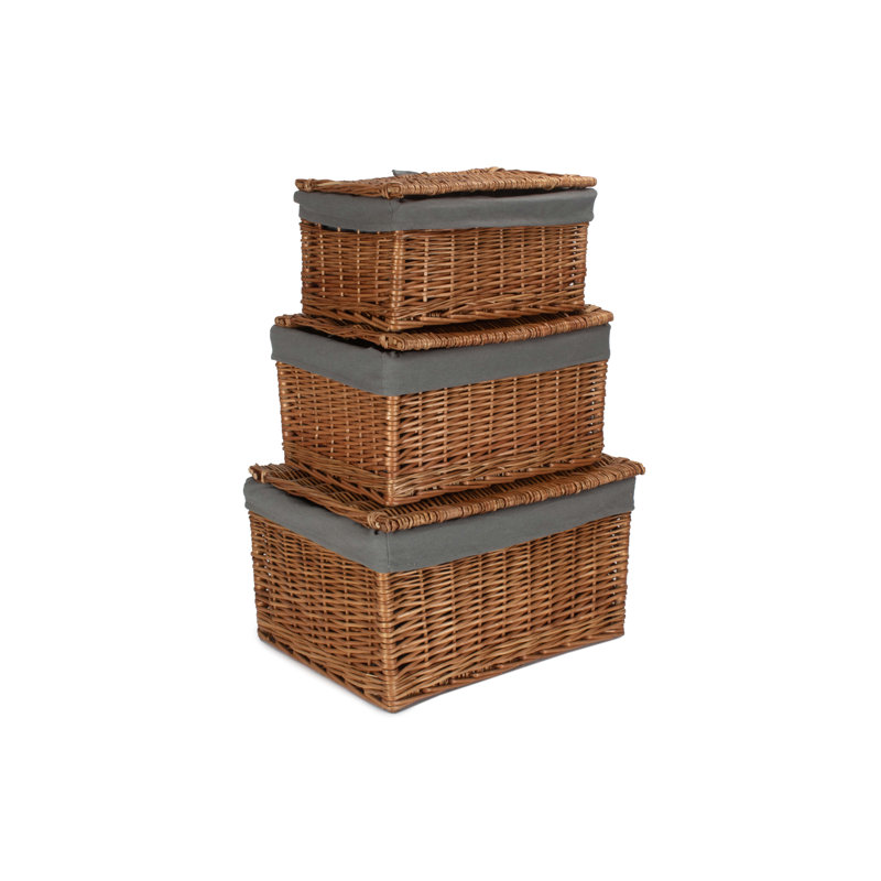 Wicker 3 Piece Storage Hamper Basket Set with Lining, Double Steamed/Grey Lining