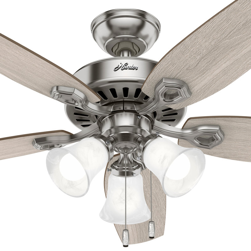 Builder Plus 52"  5 - Blade Standard Ceiling Fan with Pull Chain and Light Kit Included, Light Gray/Gray Oak