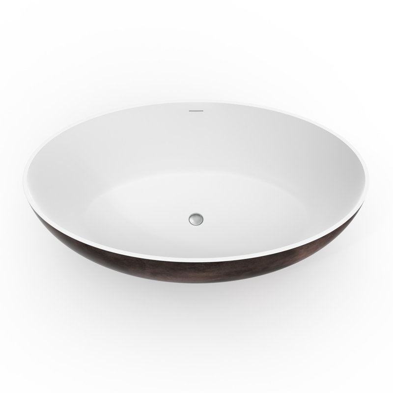 67 Inch Freestanding Oval Solid Surface Soaking Bathtub in Matte White with Walnut Trim
