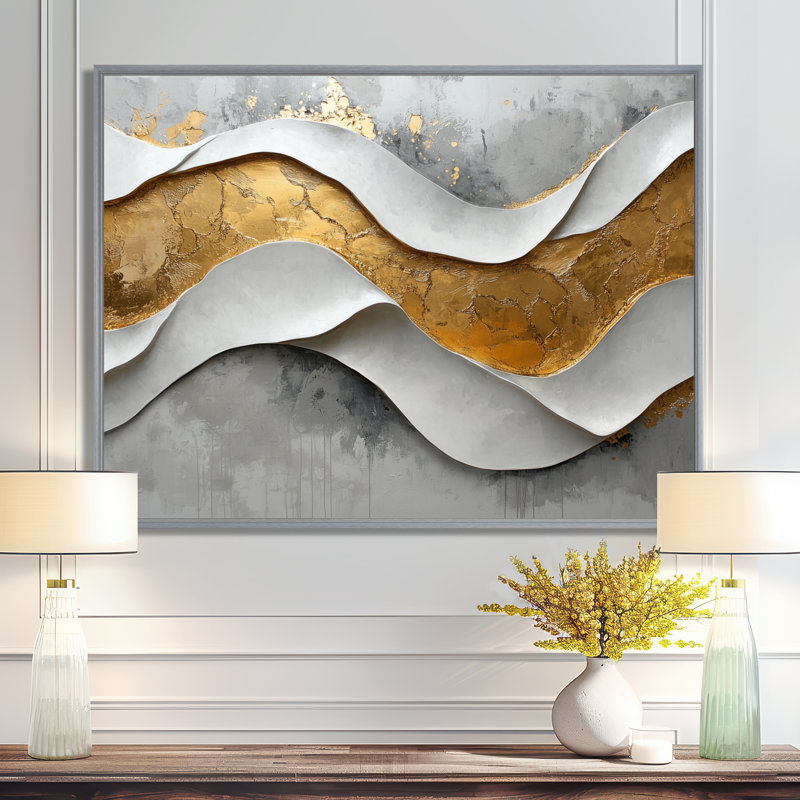 Almonte II - Abstract Large Wall Art, Argent argent, H 12 po x l 20 po, Cadre flottant
