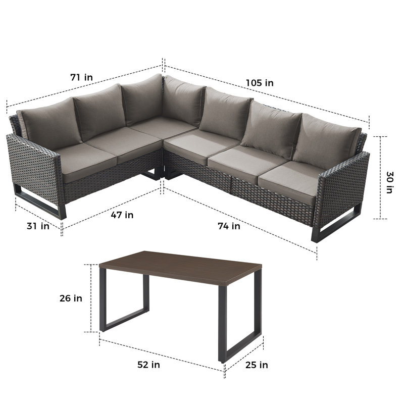 Ensemble de conversation modulaire d'extérieur en osier avec table basse rectangulaire 4 pièces Salome, Brun, Gris