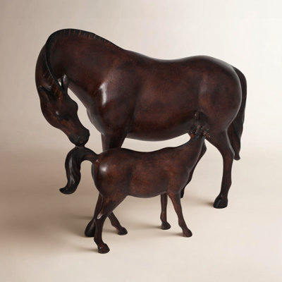 Polystone Horse Decorative Dark Brown Sculpture with Mom and Baby