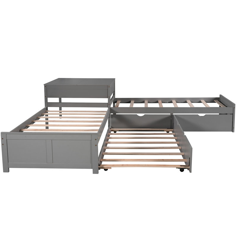 Lit plateforme gris simple en L avec bureau, lit gigogne et tiroirs - pour une utilisation à long terme dans la chambre à coucher, les tiroirs, le lit gigogne et le bureau
