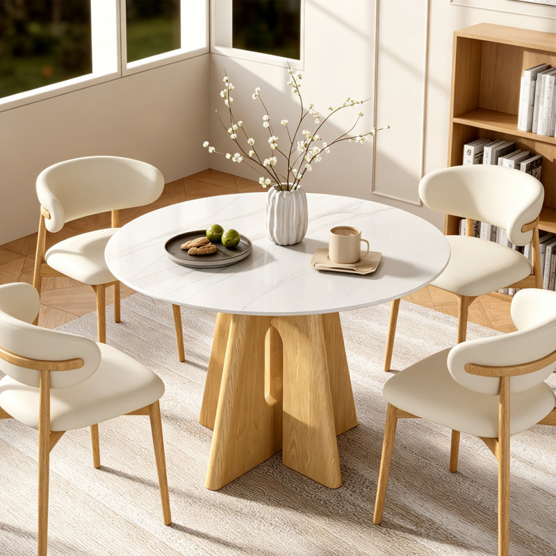 Table de salle à manger à piédestal Amberly, H 29,52 po x l 43,31 po x P 43,31 po, Blanc lustré