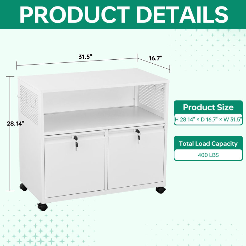 Mobile 2 Drawer File Cabinet with Lock, White