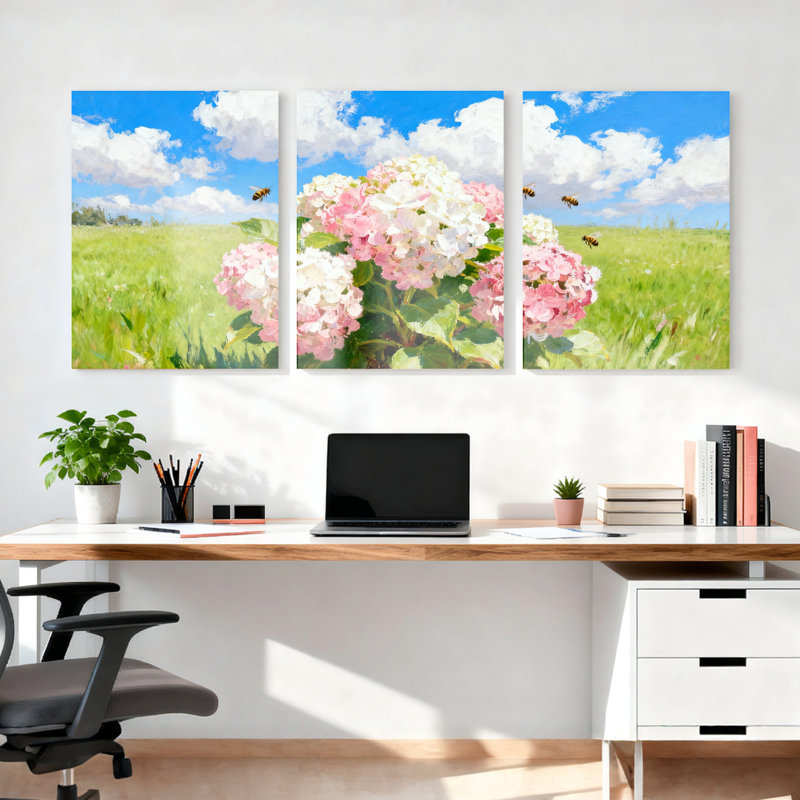 Tableau sur toile représentant un champ d'hortensias (lot de 3), H 18 po x l 36 po