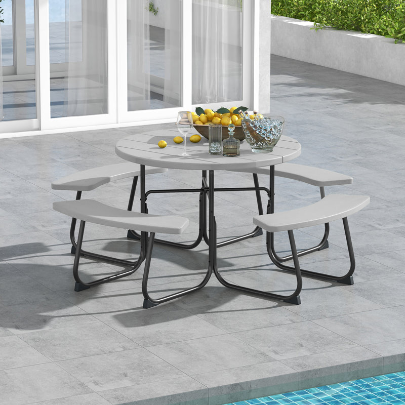 Banc de pique-nique d'extérieur portable avec 4 bancs et trou de parasol gris, Gris