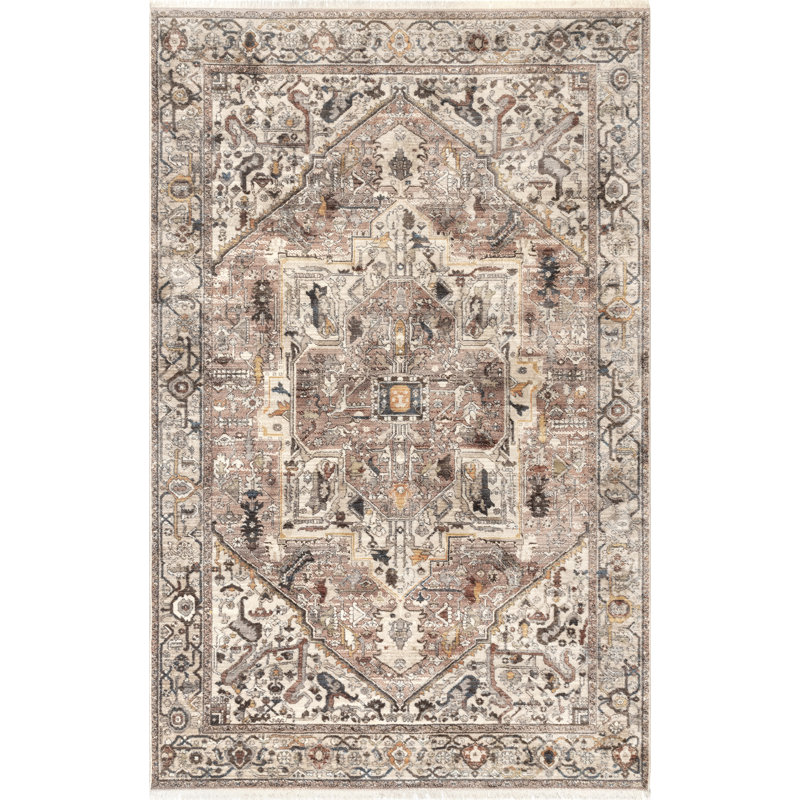 Rippeon Vintage Medallion Power Loom Performance Brown Rug, Rectangle 9' x 12'