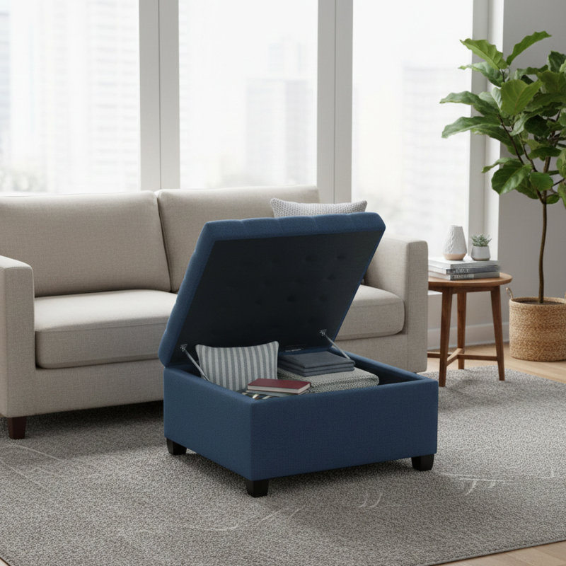 Tabouret de rangement multi-fonctions à coussins matelassés, Marine