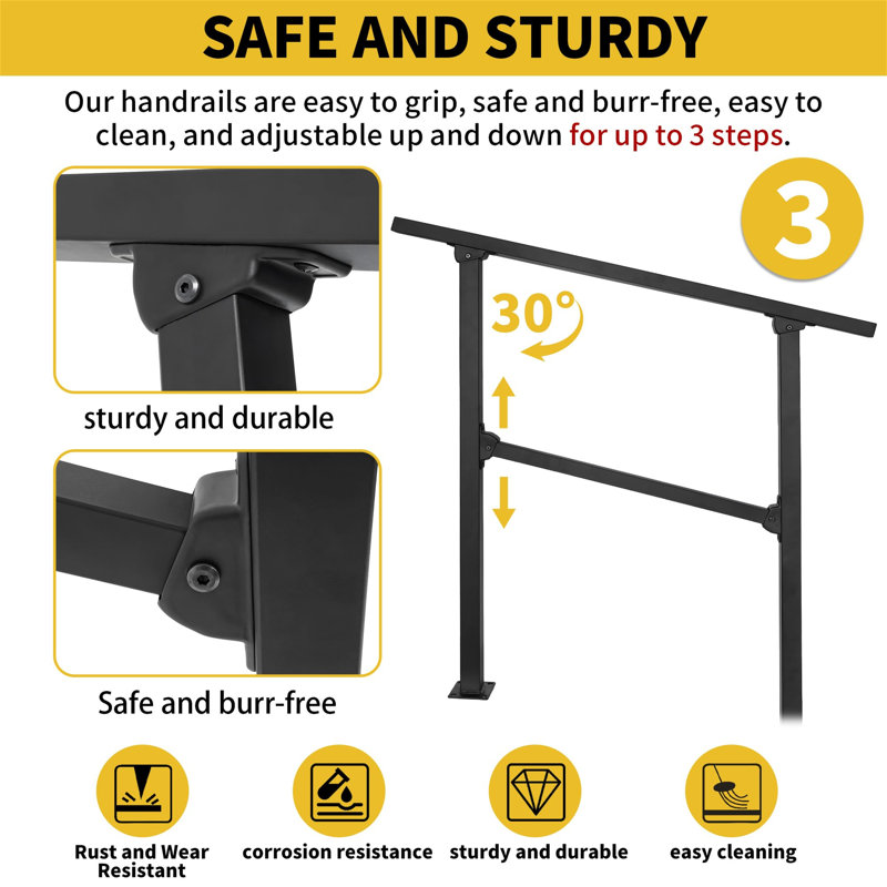 Wrought Iron Handrail, Step Handrails For Outdoor Steps Fit 2 To 3 Steps, Adjustable Porch Railing Transitional Rail With Installation Kit For Concrete Steps Or Wooden Stairs (Black)