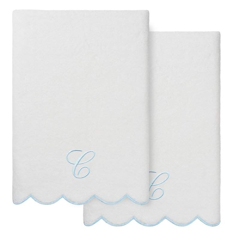 Ensemble de serviettes de bain personnalisées 100% coton turque 2 pièces Linum Home Textiles ADORNIA, C, Blanc / Bleu