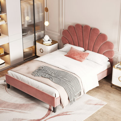 Lit plateforme tapissier avec tête de lit en velours à motif floral