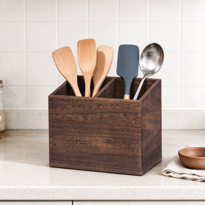 Porte-ustensiles de cuisine rustique en bois à deux compartiments, style ferme, pour comptoir, boîte de rangement en bois pour la décoration de la cuisine