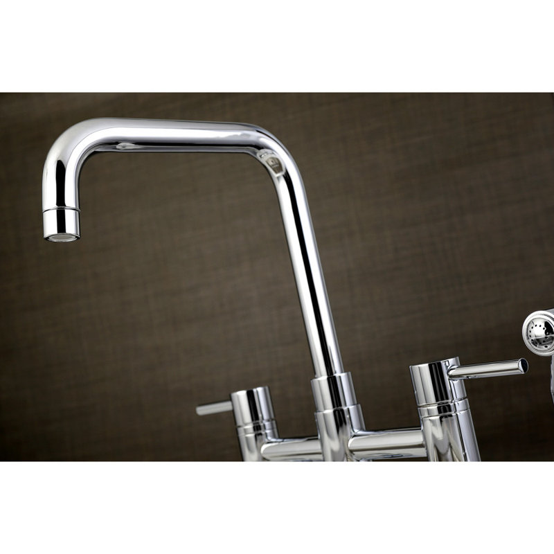 Kingston Brass Concord Two-Handle 4-Hole Deck Mount Bridge Kitchen Faucet with Brass Side Sprayer, Polished Chrome
