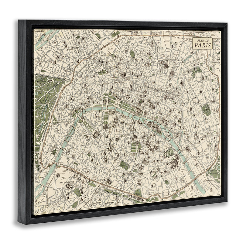 Carte rétro de Paris, cadre flottant, design par Phillipa Katz, H 25 po x l 31 po, Cadre flottant noir de jais