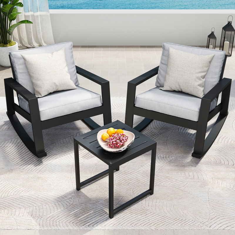 Ensemble de chaises berçantes d'extérieur 3 pièces avec table d'appoint, Gris clair