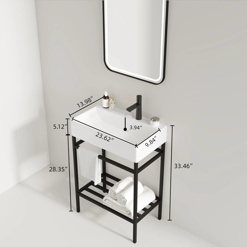 Meuble-lavabo autoportant avec lavabo en céramique, Noir, noir, noir, noir, Blanc