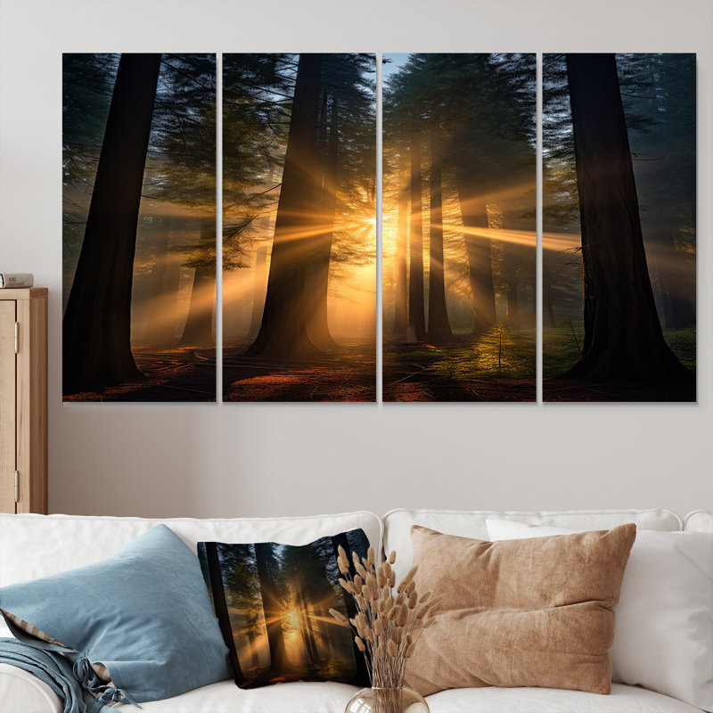 «God Rays Sunshine Through The Forest», art mural en bois de séquoia pour le salon, 4 pièces, H 28 po x l 48 po