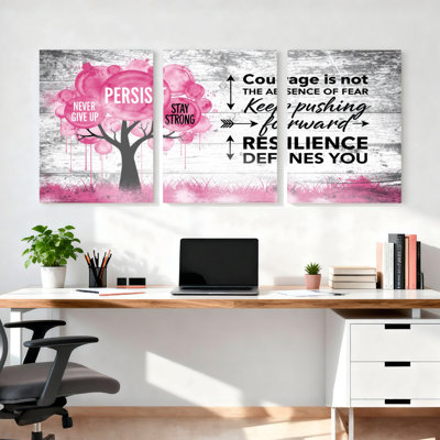 Ensemble de 3 tableaux sur toile représentant un arbre rose orné de citations inspirantes, idéal pour décorer un salon, une chambre ou toute autre pièce de la maison.