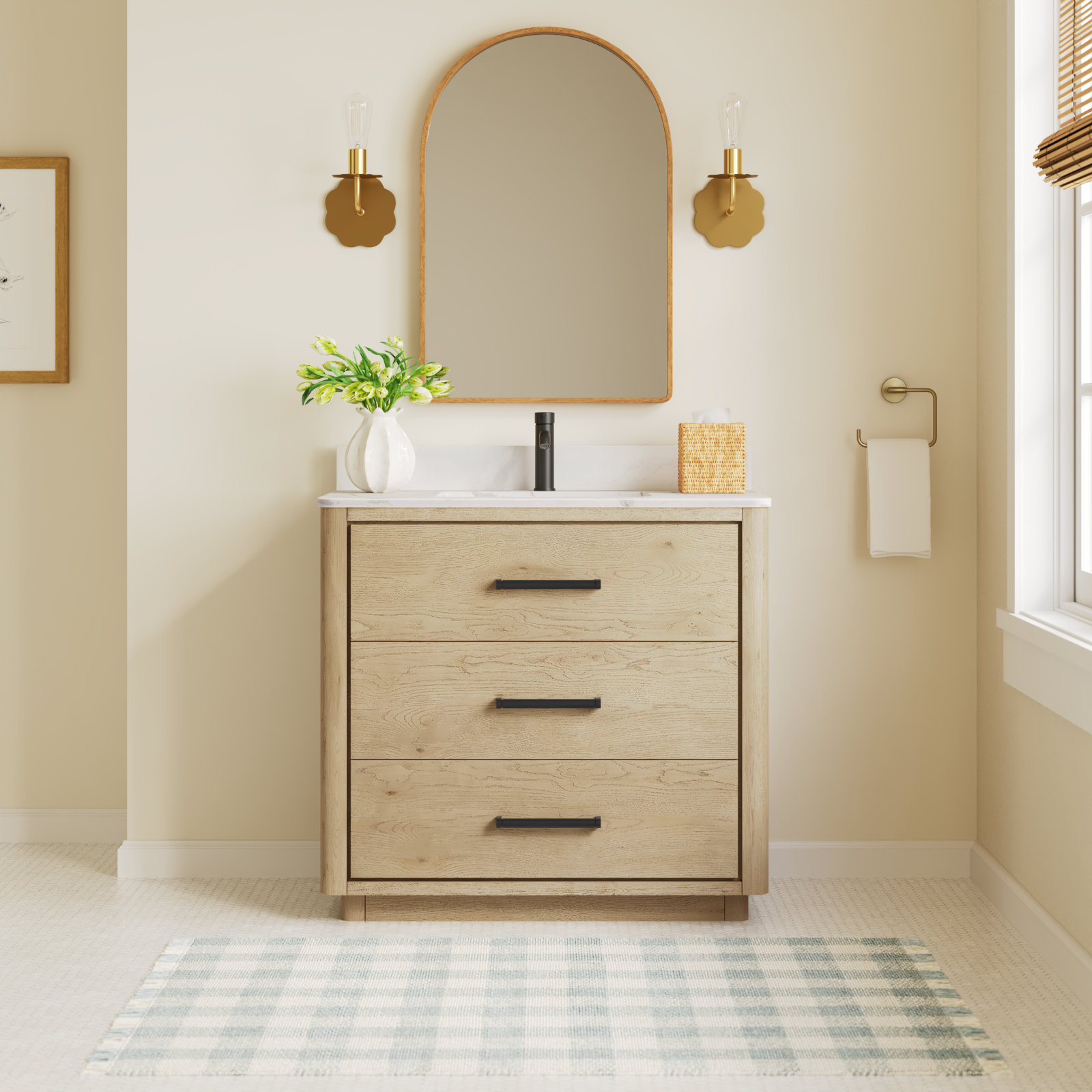 Porto 36'' Single Bathroom Vanity, Natural Oak, Matte Black