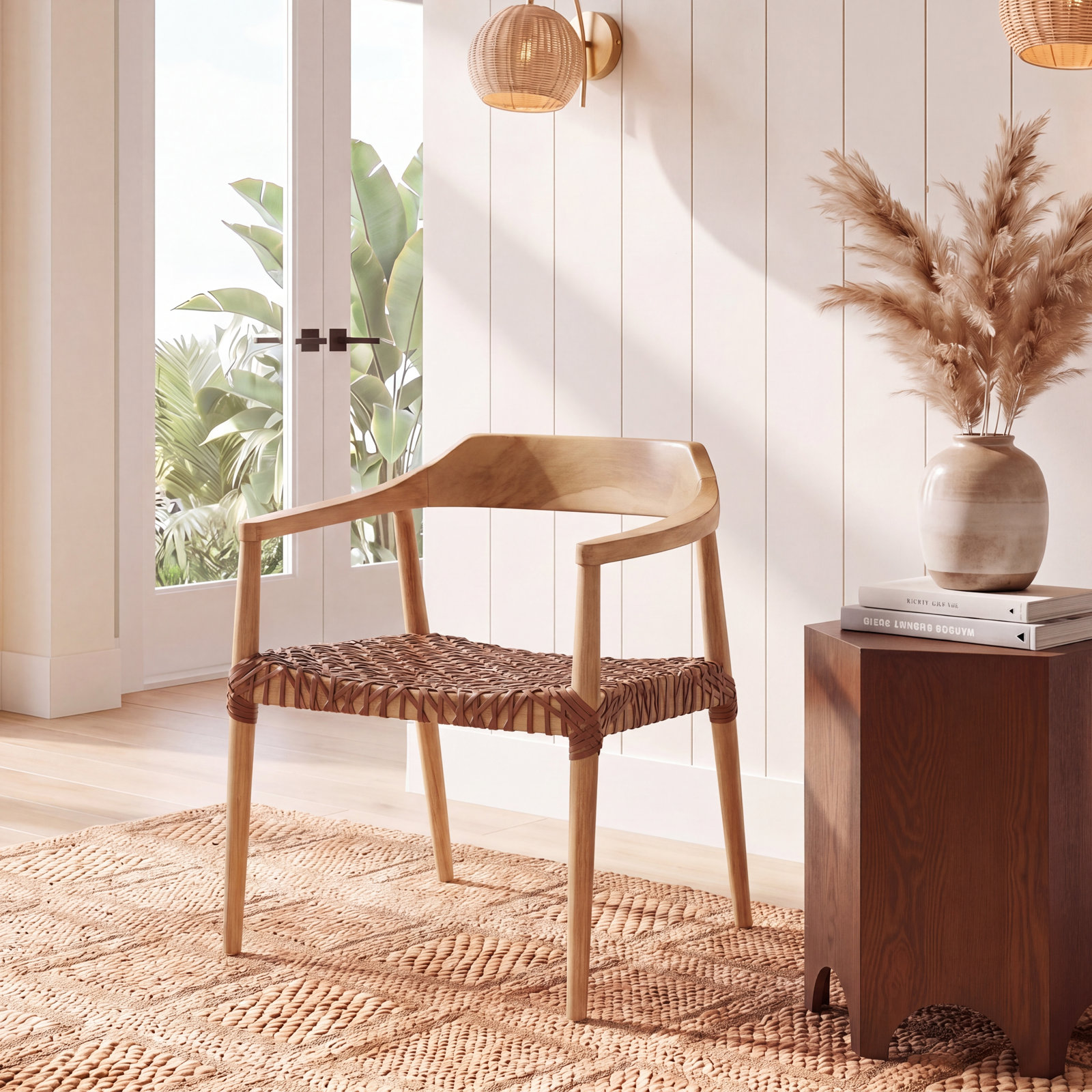 Bruna Teak Armchair, Unfinished Natural, Cognac Genuine Leather