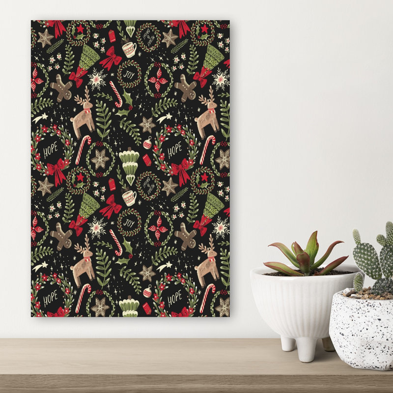 Magical Christmas Black Pattern Vintage Abstract Deer Winter Landscape Wall Art Print 1 Piece Wrapped Canvas Wall Art