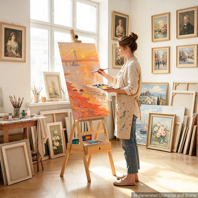 Studio H-Frame Easel Holds Canvas Up to 35.83" Solid Beech Wood Frame, For Artists Painting, Sit or Stand Adjustable Height, Multi-Function Wooden Art Easel with Storage Drawer, Natural Color