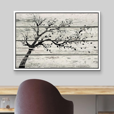 Arbre avec feuilles en noir et blanc sur fond effet bois rétro, impression sur toile rustique