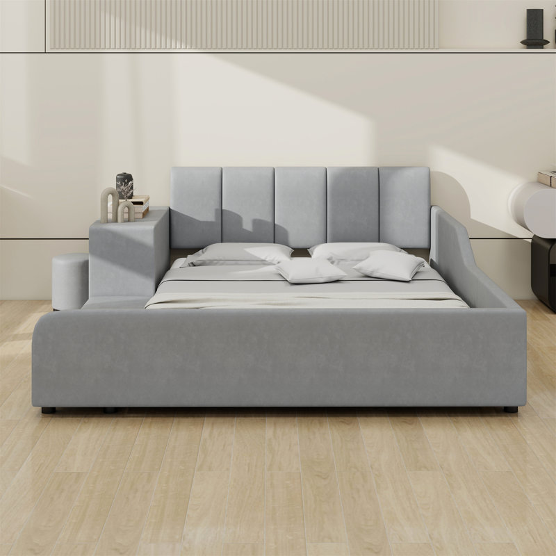 Upholstered Grounded Bed, Mother & Child Bed With Bedside Desk And Little Round Stool, Gray, Full