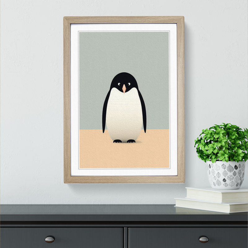 Penguin Minimalism - Single Picture Frame Print on Wood, 46cm H x 34cm W x 2cm D, Oak Framed