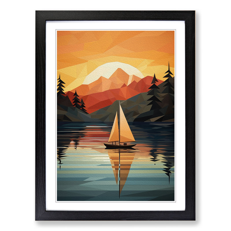 Boat on a Lake Geometric Art - Framed Print, Black, 34cm H x 25cm W x 2cm D