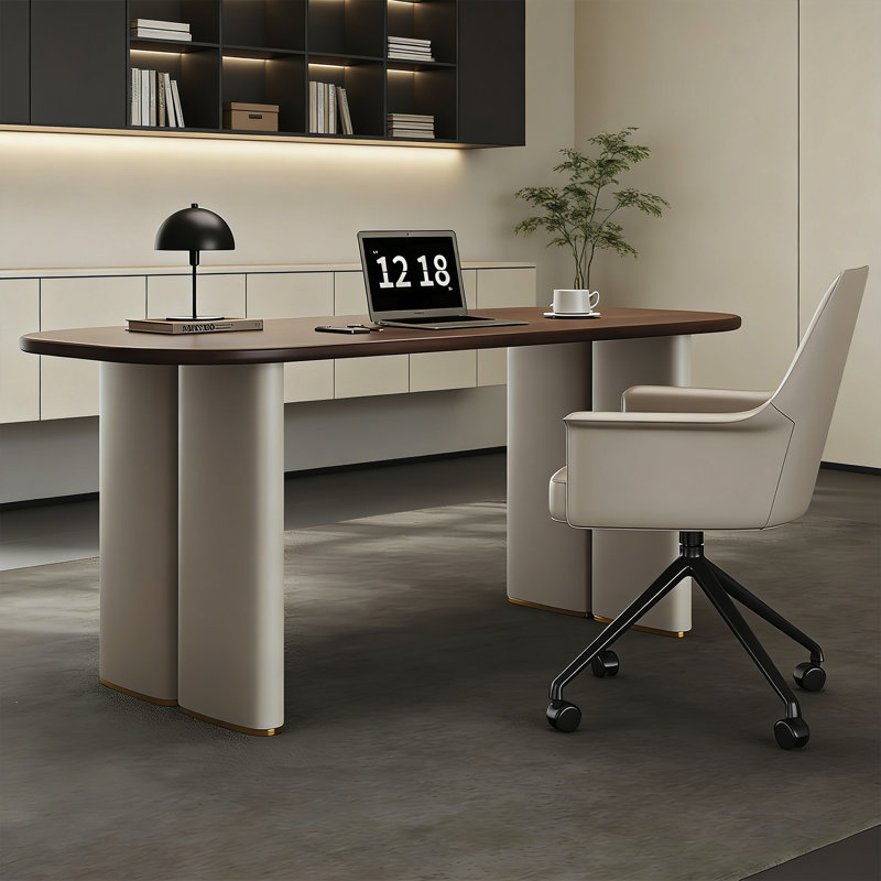 Bureau ovale brun italien minimaliste italien de luxe avec pieds en cuir, H 29,53 po x l 78,74 po x P 27,56 po