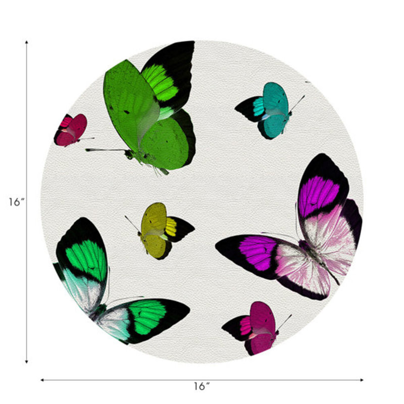 Butterflies Vegan Leather Round Placemats, Acid Green