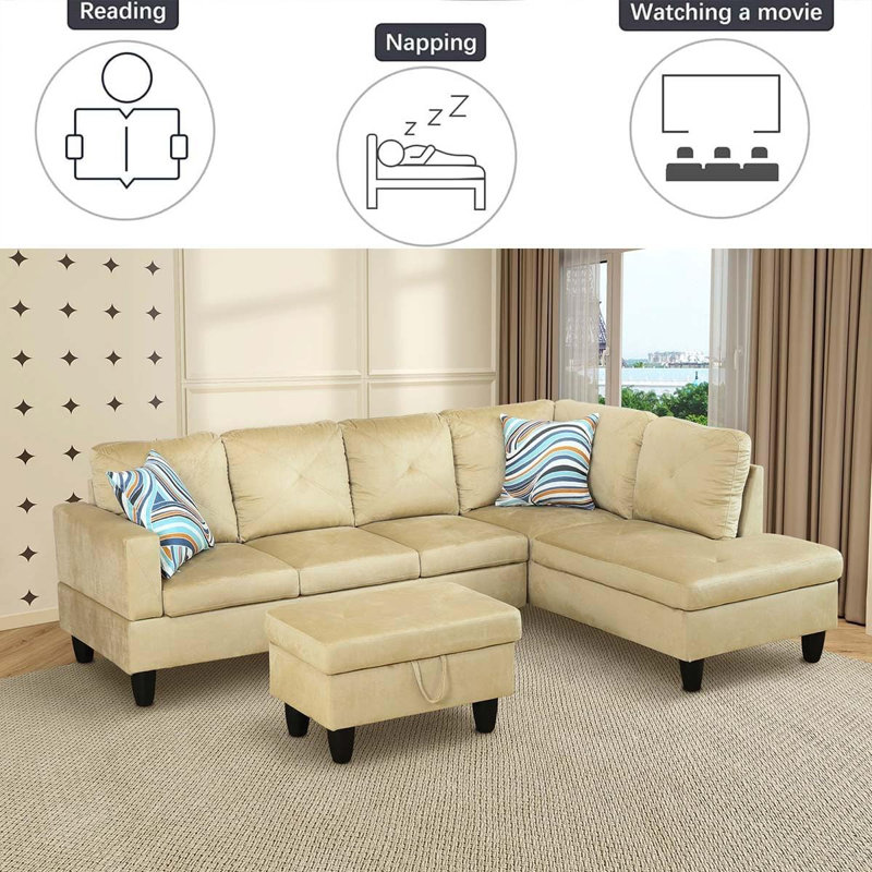 3-piece Microfiber Sectional Sofa, Right Hand Facing, Beige Microfiber