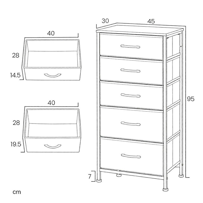 45 cm W Chest of 5 Drawers