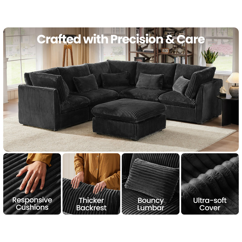 Canapé modulaire surdimensionné en velours côtelé très profond avec méridienne et repose-pieds, certifié FSC