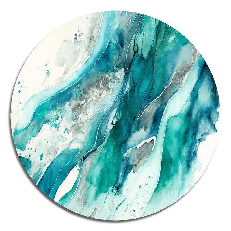 Turquoise Waves In Paradise I - Art abstrait rond en métal, H 16 po x l 16 po