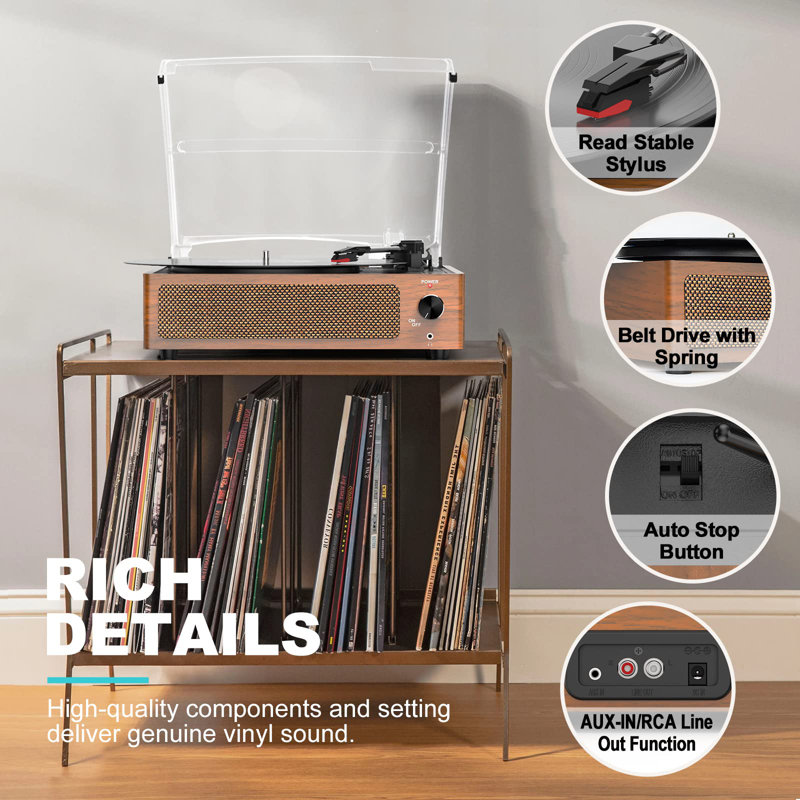 Vintage Brown Belt-Driven Turntable with Built-in Speakers