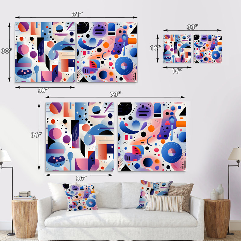 Mauve et rose Designer Dot and Waves - Ensemble abstrait géométrique en acrylique mural, H 16 po x l 33 po